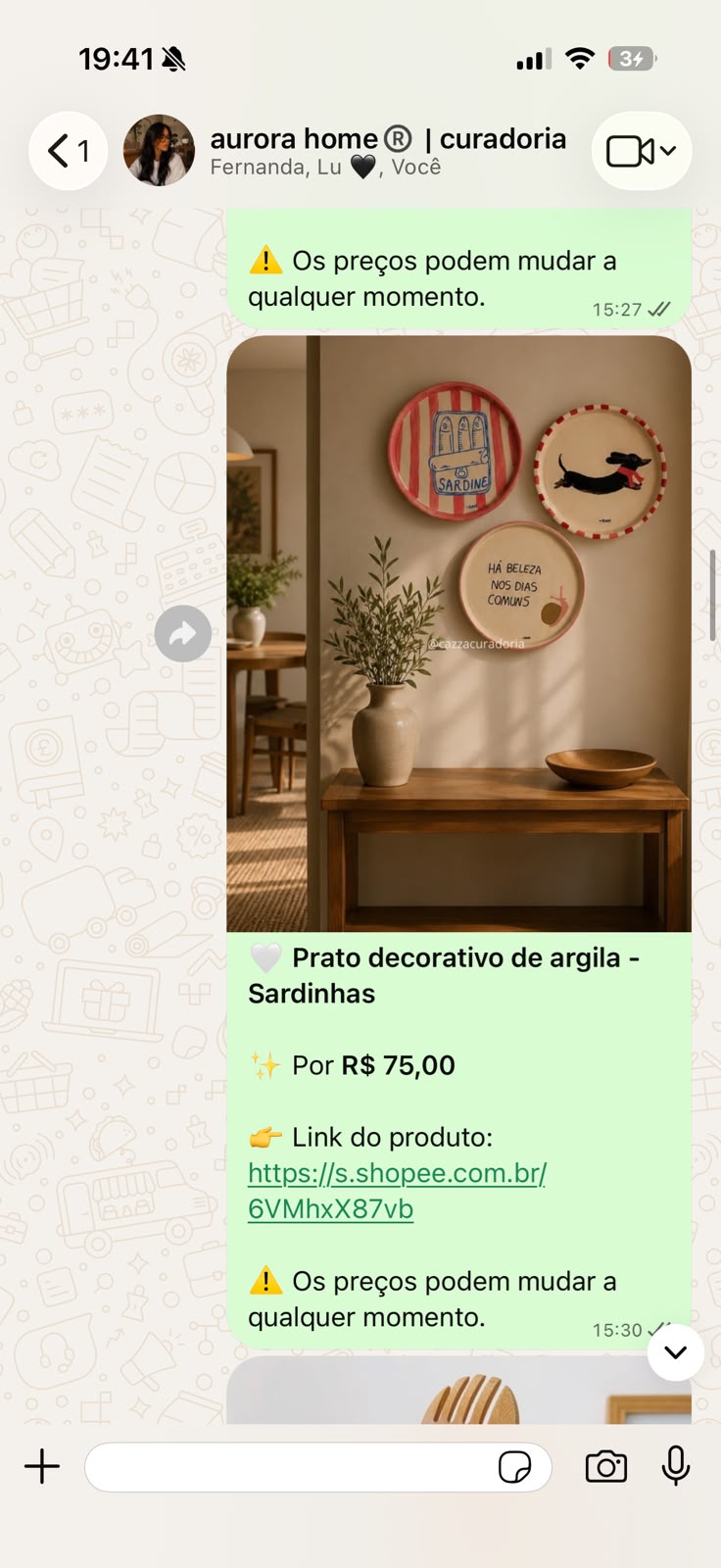Print do grupo Clube Aurora Home no WhatsApp