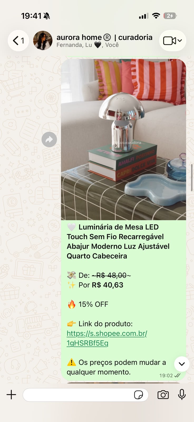 Print do grupo Clube Aurora Home no WhatsApp