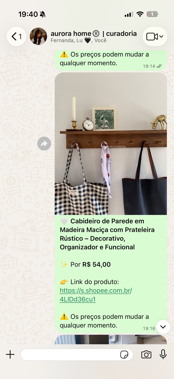 Print do grupo Clube Aurora Home no WhatsApp